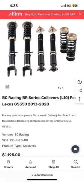 R-20-br Bc Racing R-20 Br Series Coilovers Lowering Coils For 2013-2016 Lexus Gs350 Rwd