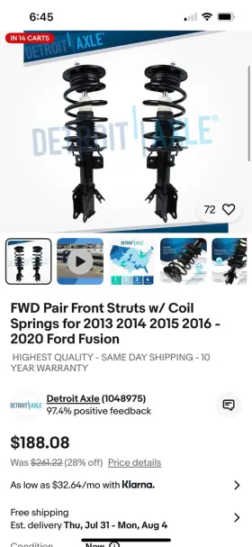 64bmyw Detroit Axle Strut And Coil Spring Assembly Front Set Fits Ford Fusion 2013-2020
